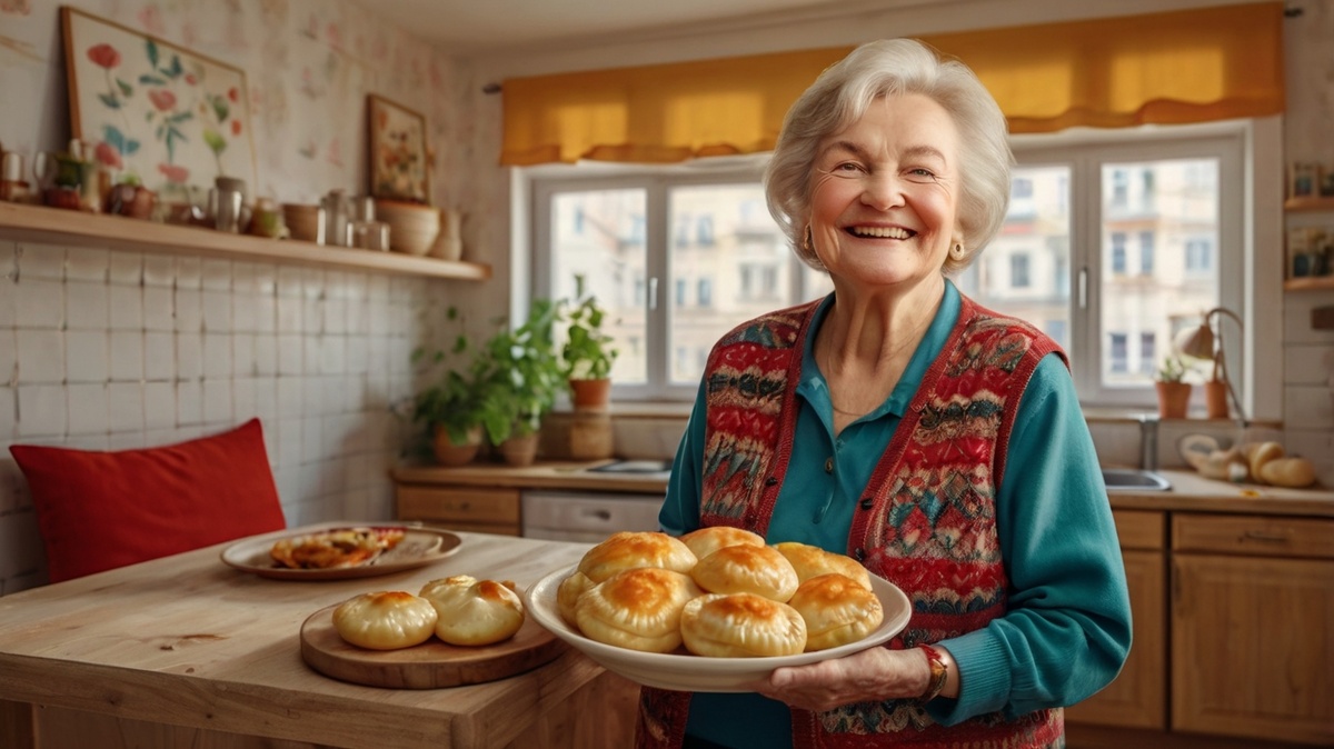 Коварная бабушка, обаятельная шантажистка, стоит, ухмыляясь, с тарелкой пирогов в руках. Её добродушный вид вызывает доверие, но лишь на первый взгляд — в глазах её таится хитрость. “Ешь, внучек! Ешь. В смысле - не хочешь?” — произносит она, подмигивая и оставляя за собой проблески шутливого коварства.