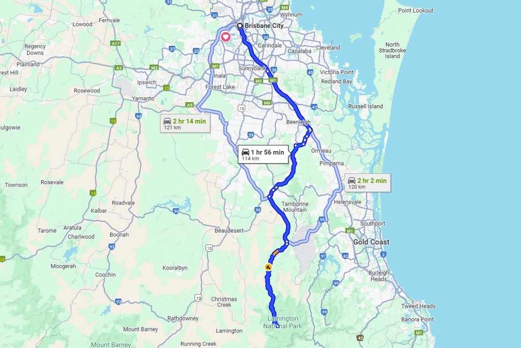 Дорога от Брисбена до О'Райлли'с, источник - Гугл-мэпс