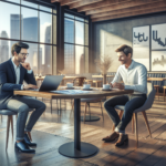    Два предпринимателя обсуждают автоматизацию бизнеса за утренним кофе в кафе.