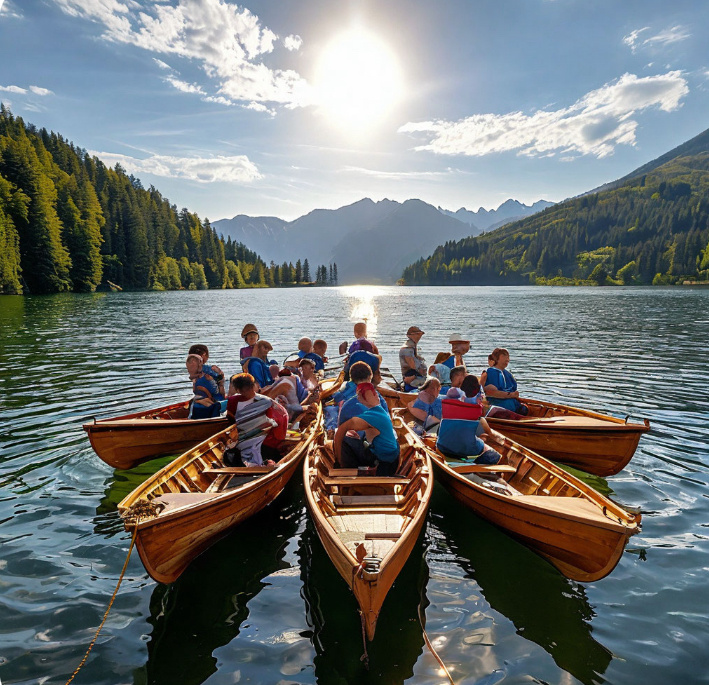 Но постепенно, в середине озера сгруппировалось несколько лодок (5-7 штук), пришвартовавшись бортами друг к другу, какими-то ремнями их стянули и вот такой конструкцией дрейфовали по озеру. 