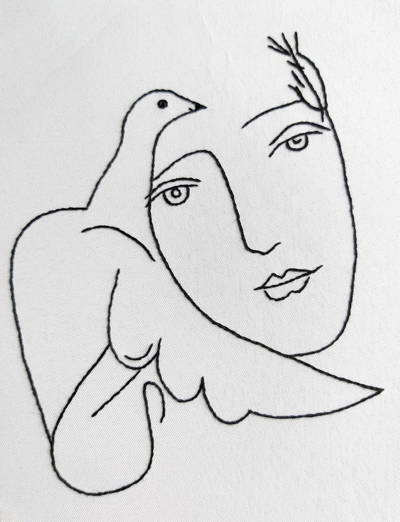 Голубь мира, вышивка контурными швами по рисунку Пабло Пикассо