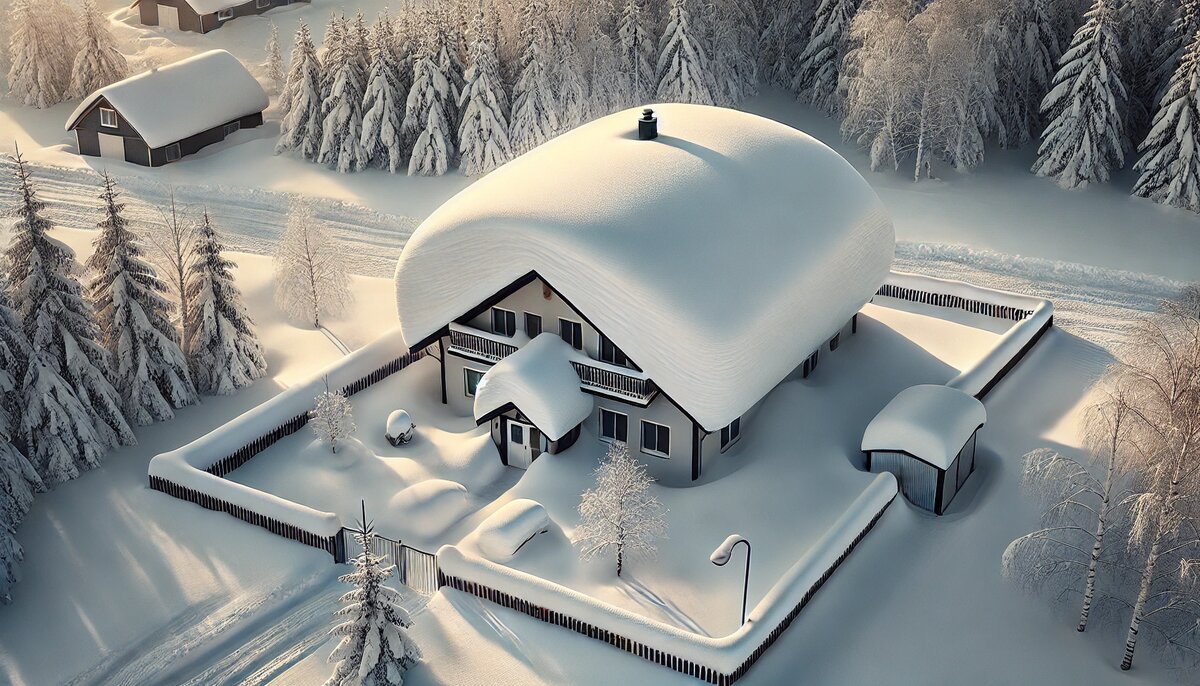 снежная шапка на крыше частного дома