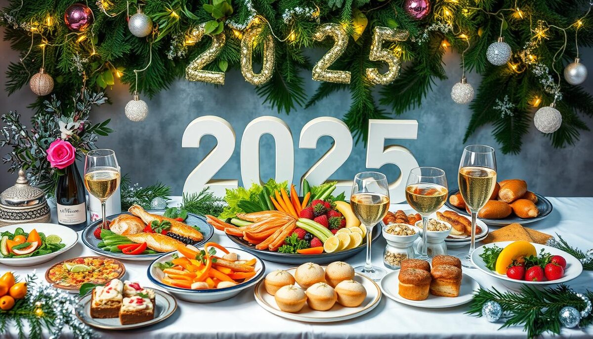 Яркая и праздничная сервировка новогоднего стола с множеством красочных блюд на 2025 год, в том числе роскошное блюдо из морепродуктов, искусно украшенные сезонные овощи, изысканная выпечка и игристые напитки.