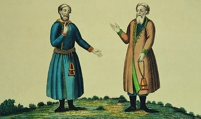 Спор поповца и безпоповца. Раскрашенная гравюра. 1841 г. Фрагмент. ГИМ.