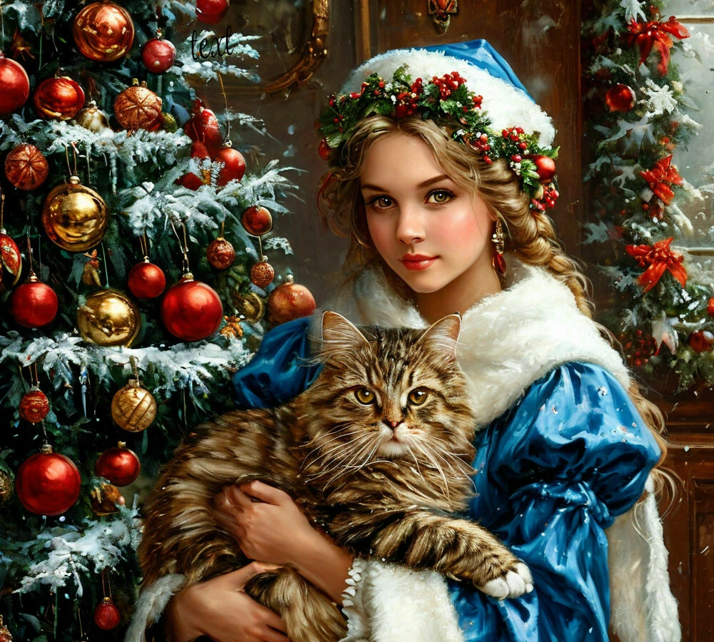 Автор + Шедеврум Снегурка с серым котом