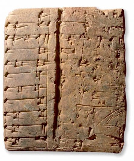 Табличка упражнений по чистописанию, на которой ученики копировали элементы слогового алфавита B, которые учитель написал бы слева. Источник: magazine.krieger.jhu.edu