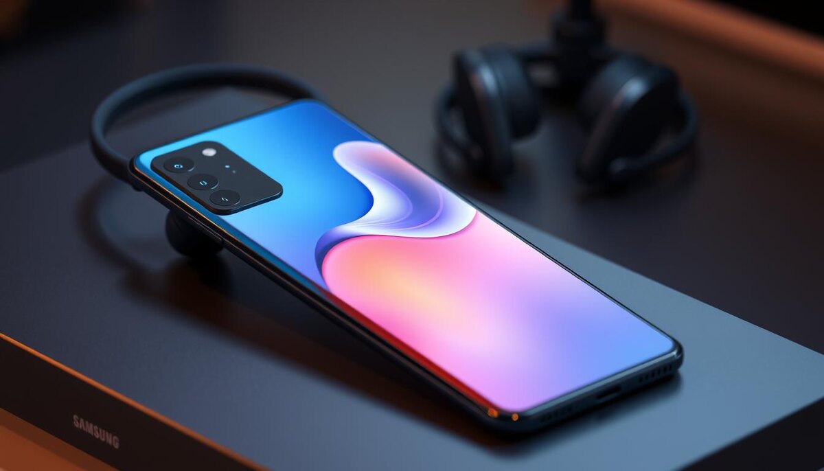 Элегантный и современный смартфон Samsung Galaxy S24, размещенный на стильной поверхности, демонстрирует свой передовой дизайн и яркие цвета, на заднем плане — элегантные беспроводные