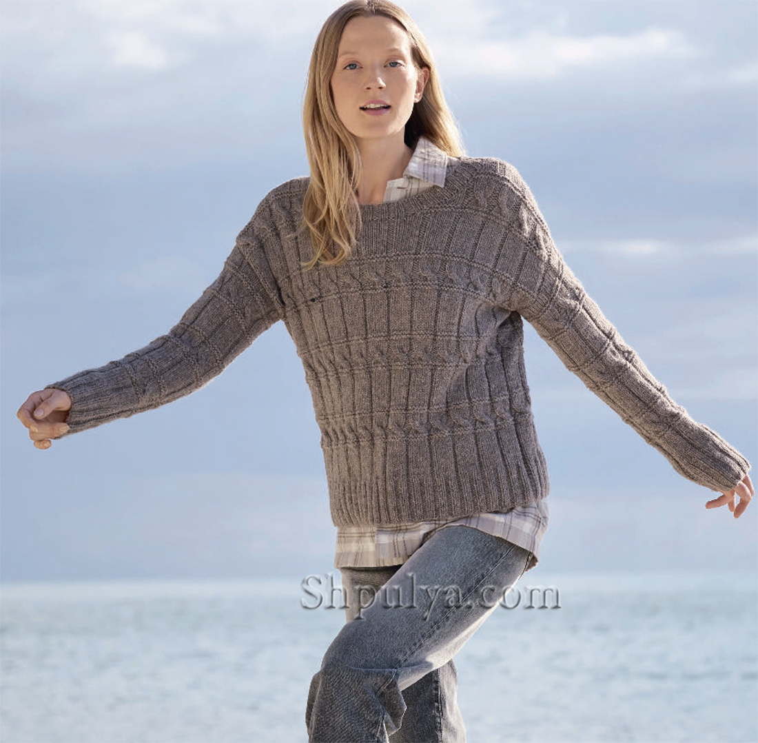 Вязаный меланжевый пуловер с узором из «кос»