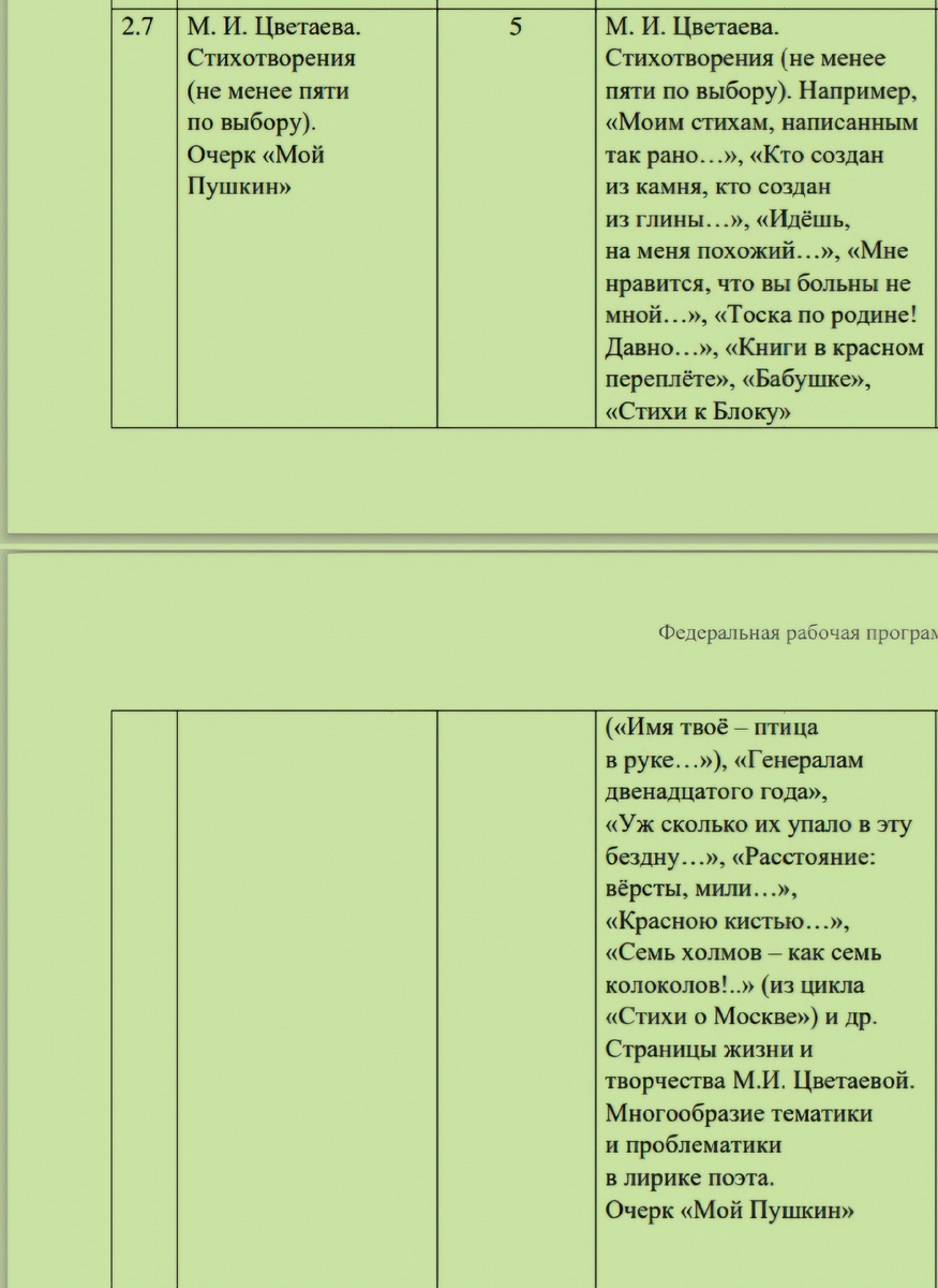 Фрагмент Федеральной программы по литературе 