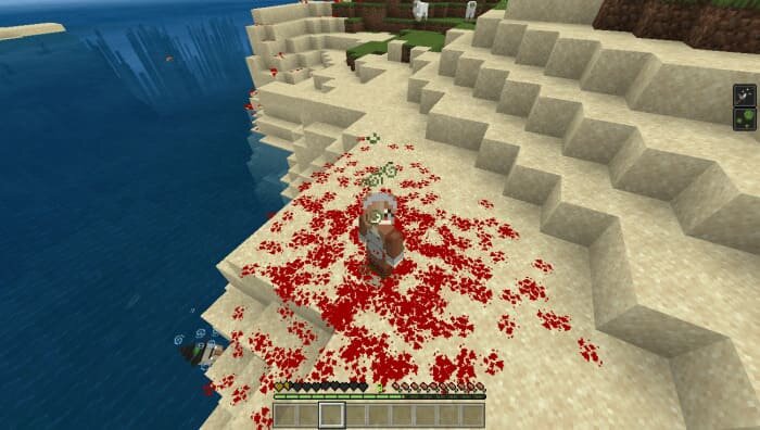 Демонстрация крови в Майнкрафт ПЕ (Бедрок) с ресурспаком Критические удары с эффектом крови