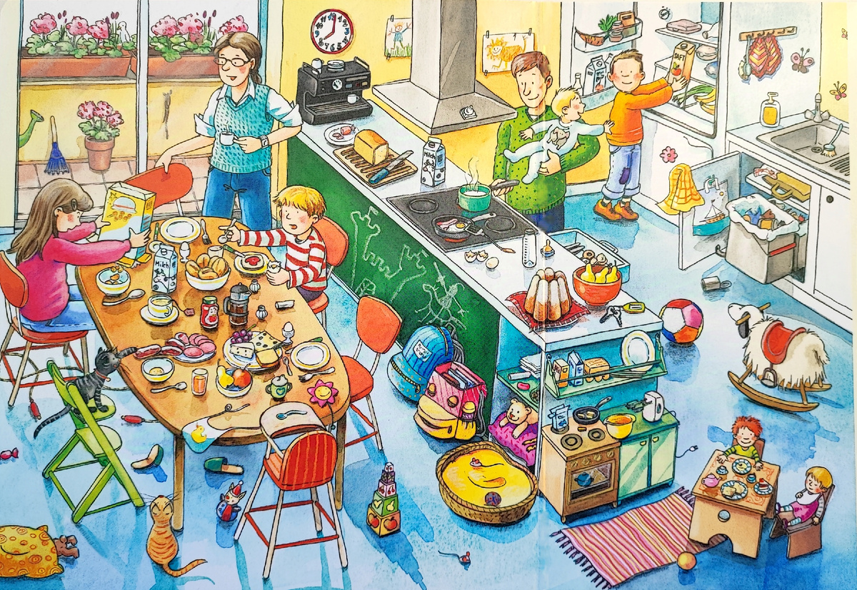 На картинке много-много людей и разных предметов.