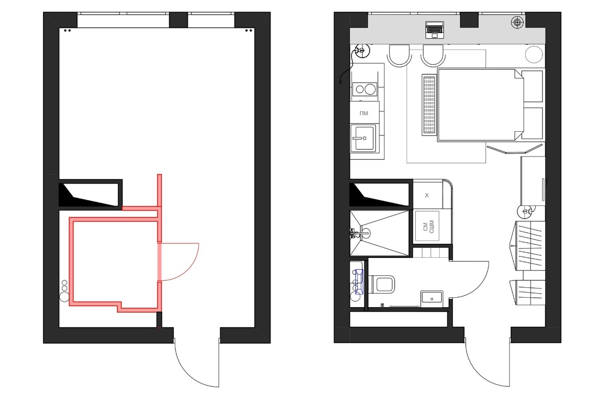 Слева: план демонтажа перегородок от застройщика, справа: итоговая планировка и расстановка мебели