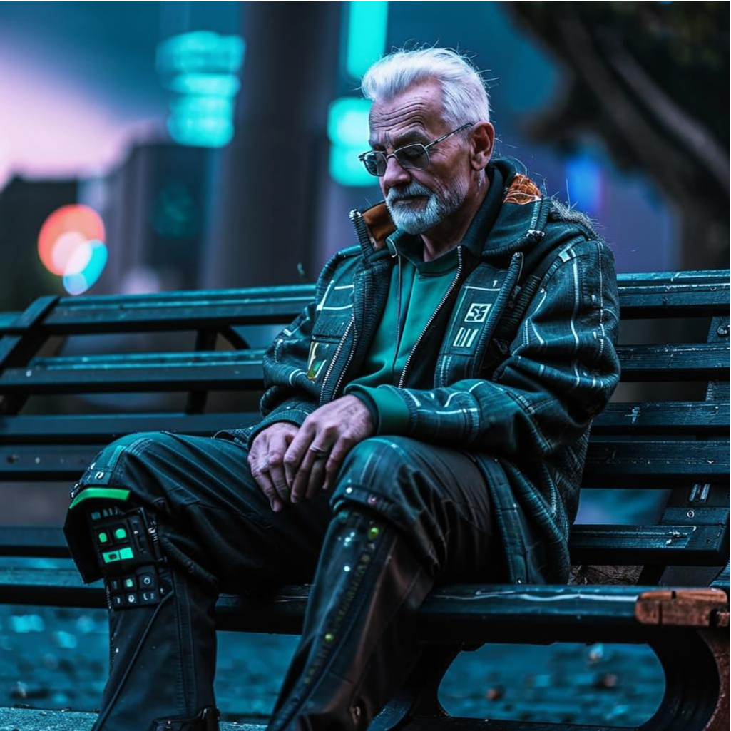 Пожилой человек на скамейке. Сгенерировано нейросетью