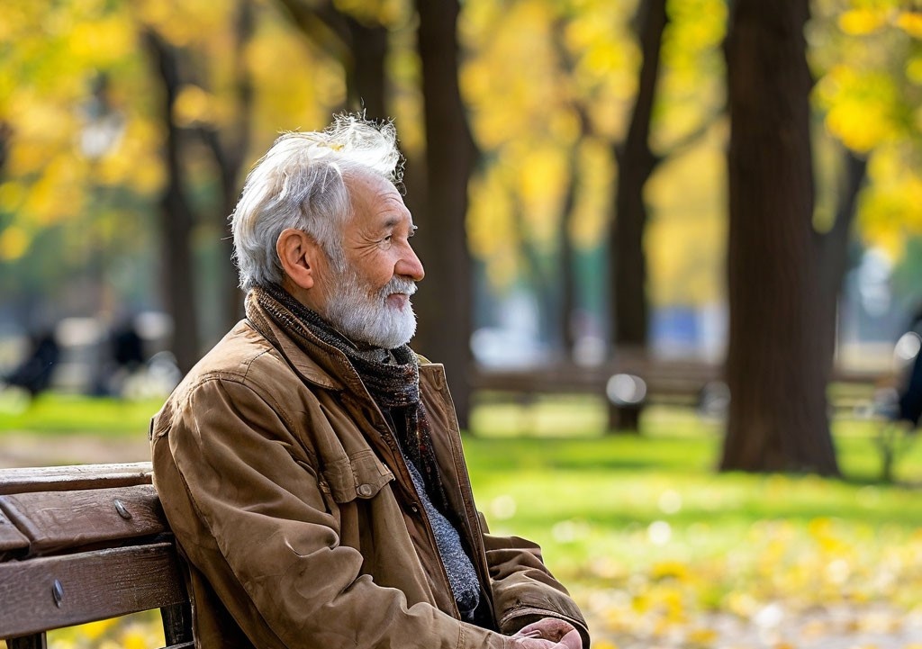 Пожилой человек на скамейке в парке. Сгенерировано нейросетью