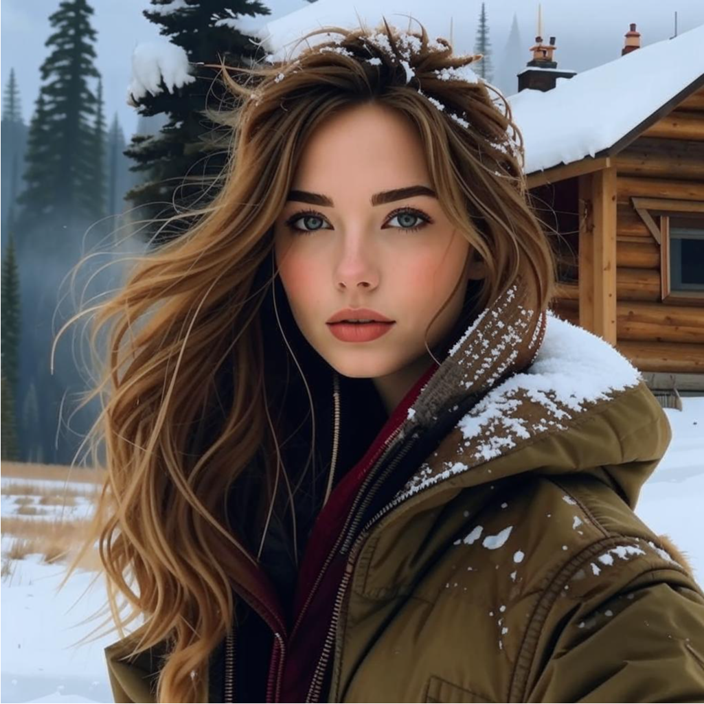 Софи Мэй утром у охотничьего домика. Создано нейросетью Кандинский.  