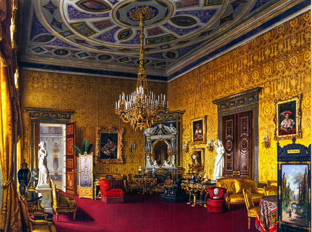 Луиджи Премацци. Лионский зал (Жёлтая гостиная) в Большом Царскосельском дворце. Акварель. 1878. Из коллекции ГМЗ «Царское Село»