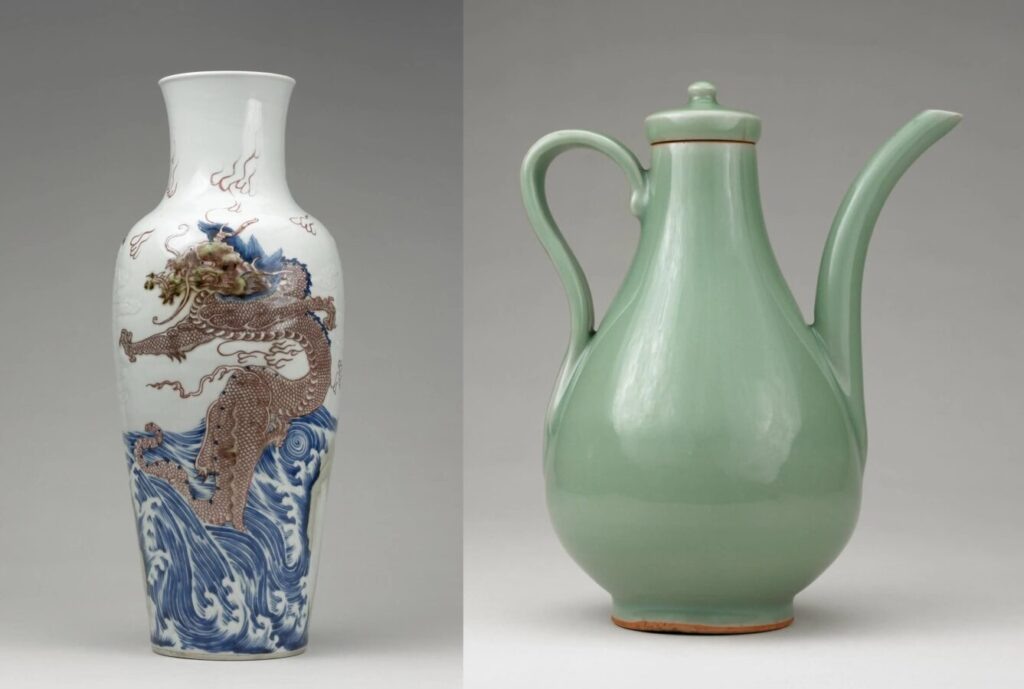 Ваза с медно-красным драконом (слева), ок. 1681-1688. Кувшин грушевидной формы с крышкой (справа), ок. 1300-1368 © British museum