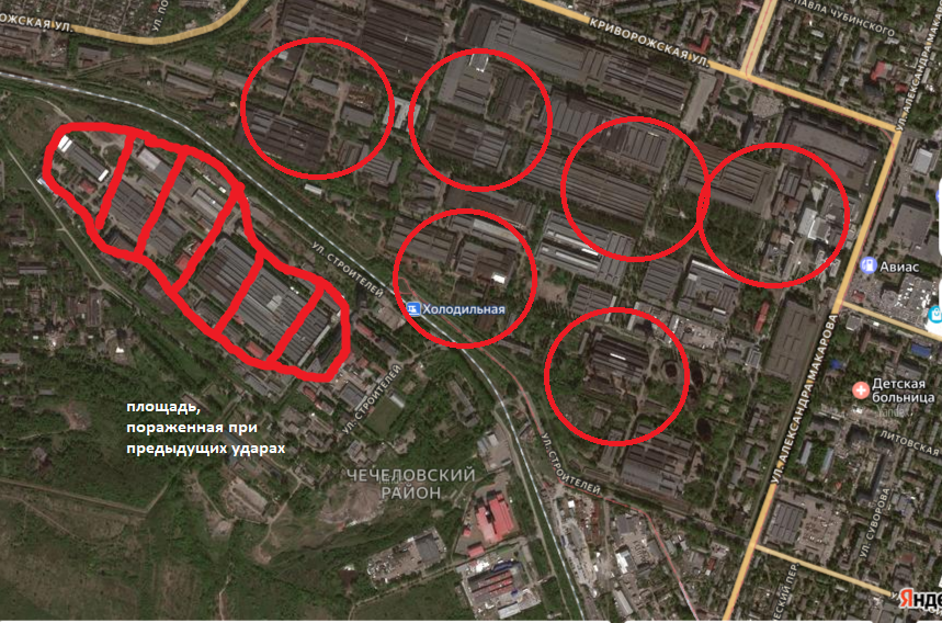 красные кружочки , зоны возможных поражения при нанесении ударов РГЧ с ТЯО