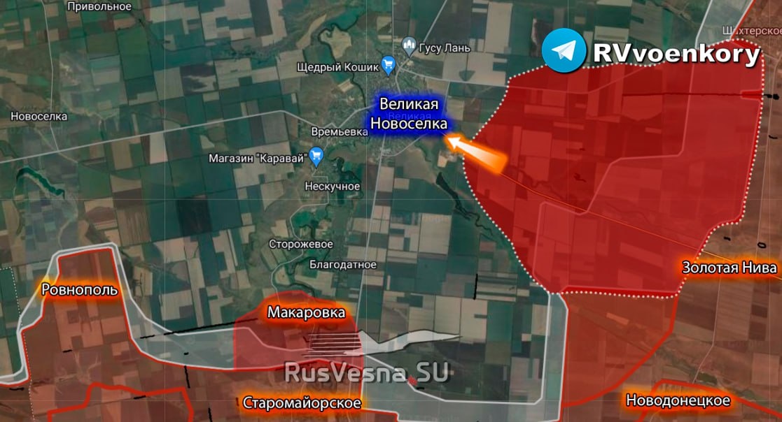    По данным канала, бойцы с боями заняли ряд опорников ВСУ в посадках и вышли на подступы к Великой Новоселовке после серии штурмовых операций к востоку и северо-востоку от важного поселка.