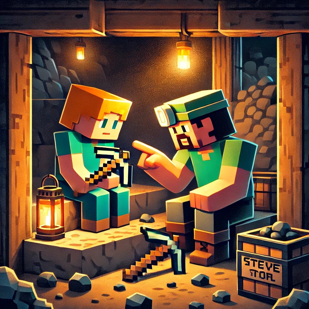 Стив и Вилл в шахте. Стив показывает, как добывать уголь, Вилл учится 