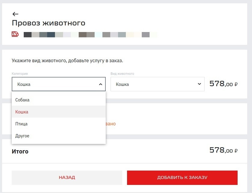 Оформление провоза питомца в поезде. Скриншот с сайта www.rzd.ru 