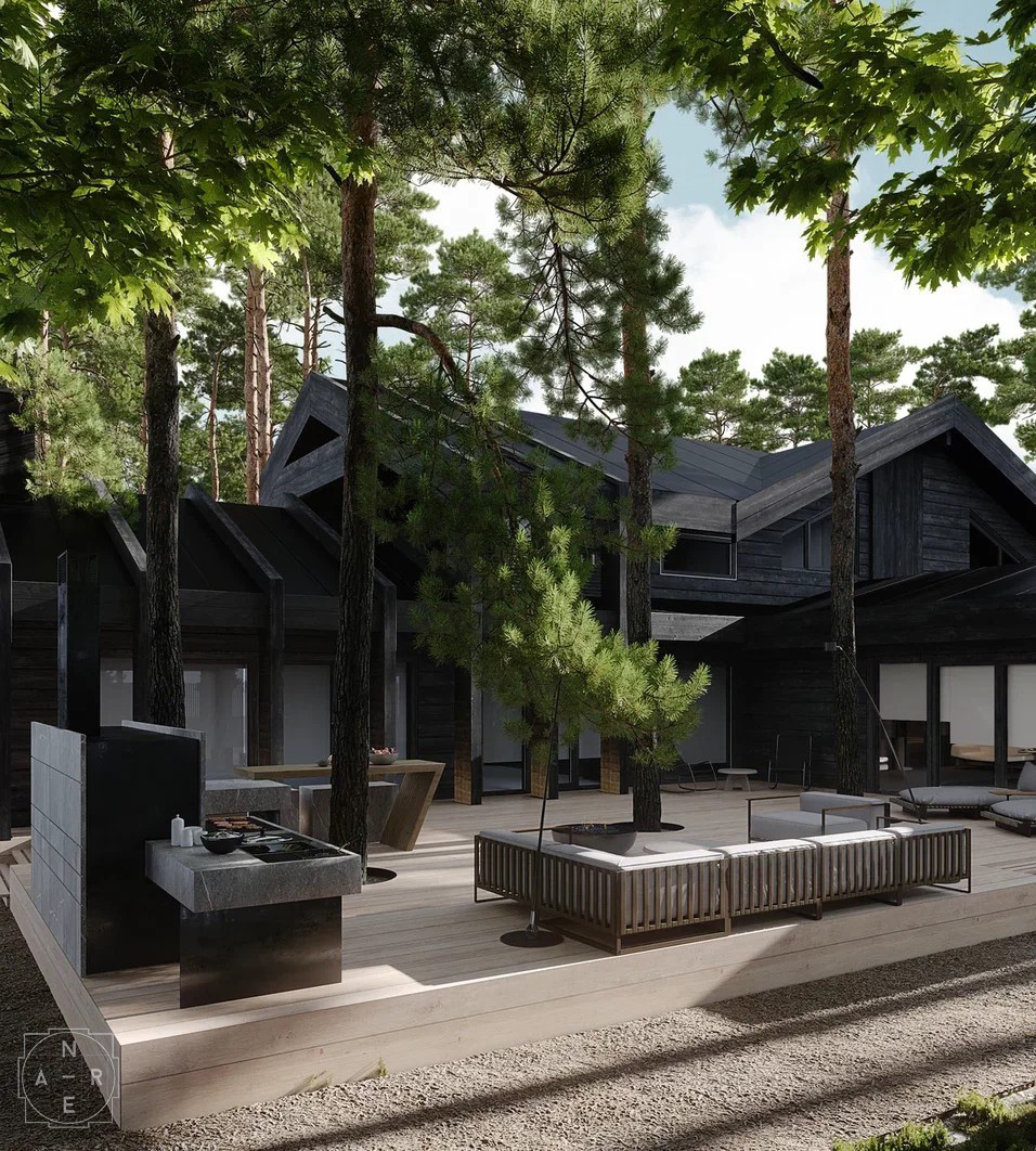 «Визуализации к проекту «Villa». 2024 г. Anre Architects. Экстерьер и интерьер гостиной».
