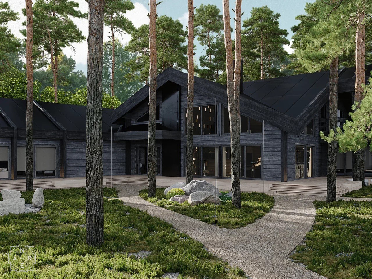 «Визуализации к проекту «Villa». 2024 г. Anre Architects. Экстерьер и интерьер гостиной».
