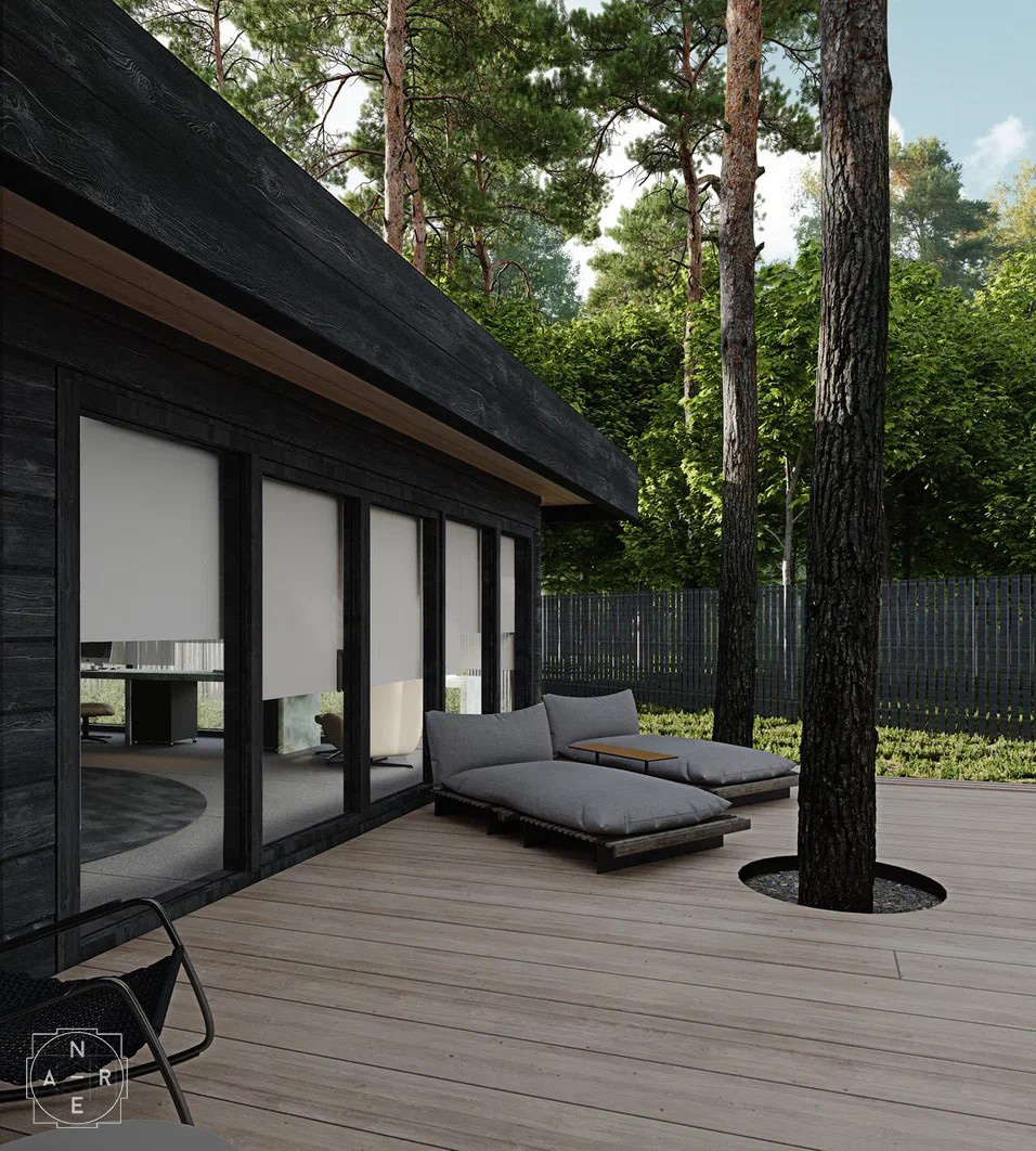 «Визуализации к проекту «Villa». 2024 г. Anre Architects. Экстерьер и интерьер гостиной».
