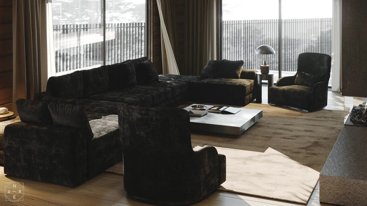 «Визуализации к проекту «Villa». 2024 г. Anre Architects. Экстерьер и интерьер гостиной».
