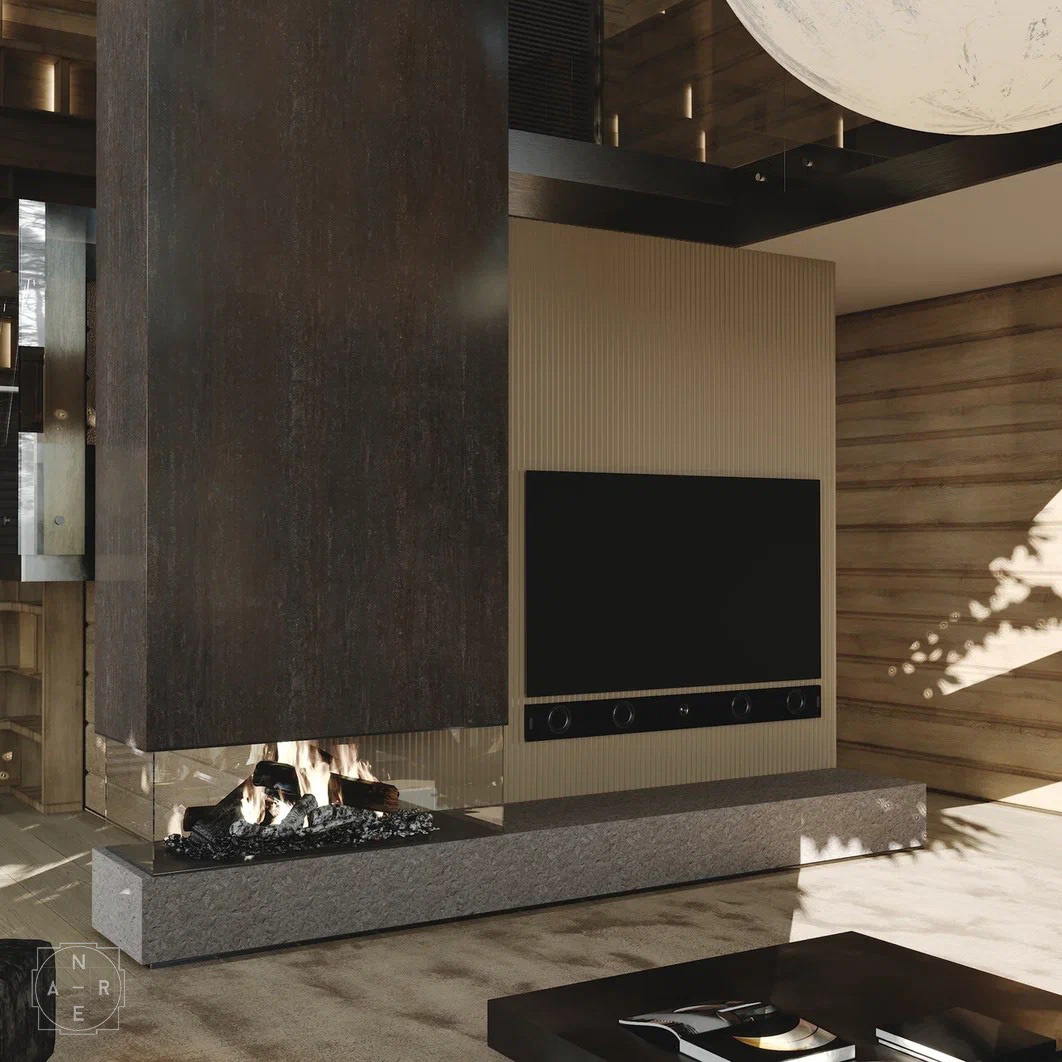 «Визуализации к проекту «Villa». 2024 г. Anre Architects. Экстерьер и интерьер гостиной».