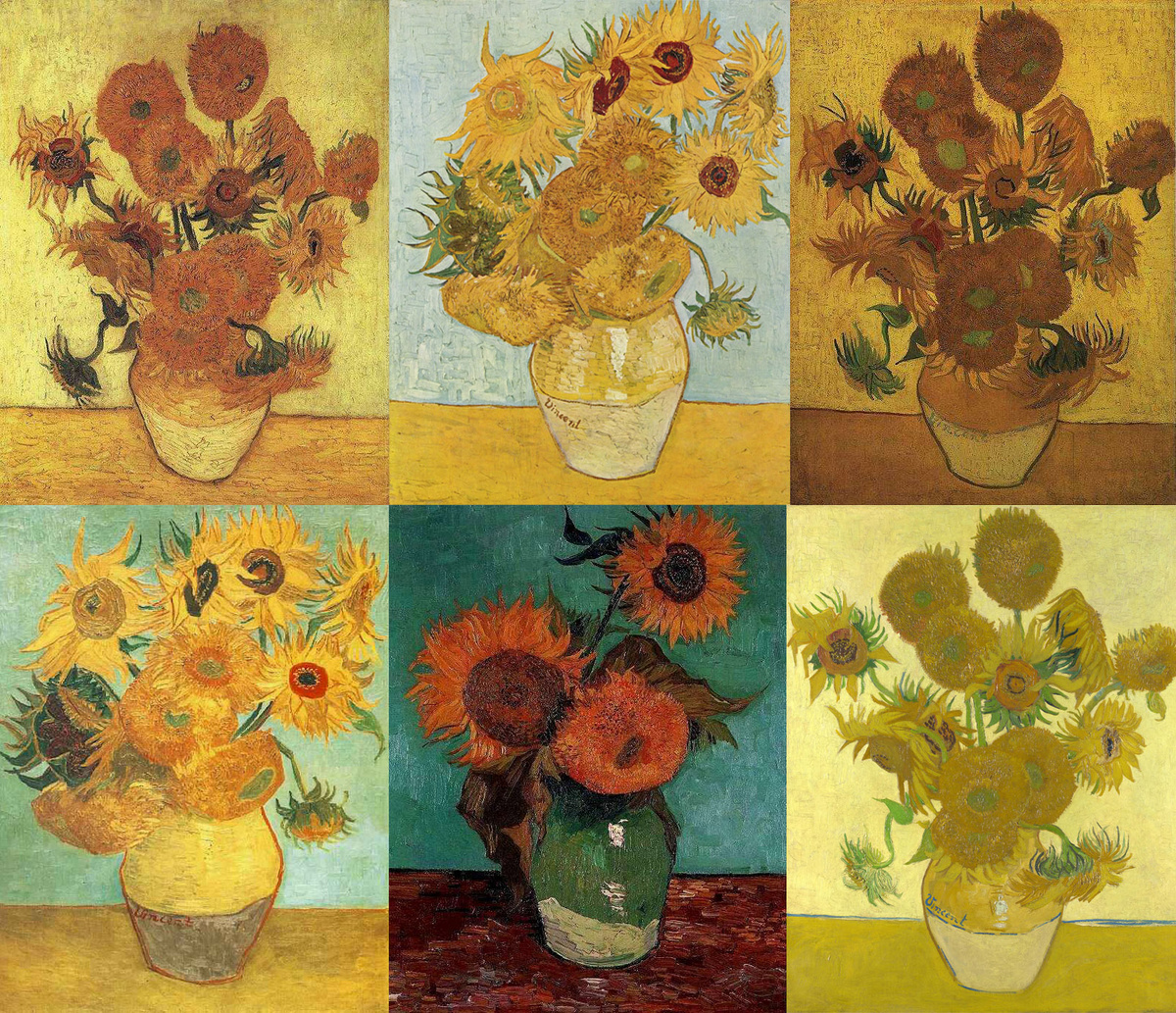 Несколько версий картин Ван Гога с букетом подсолнухов.
