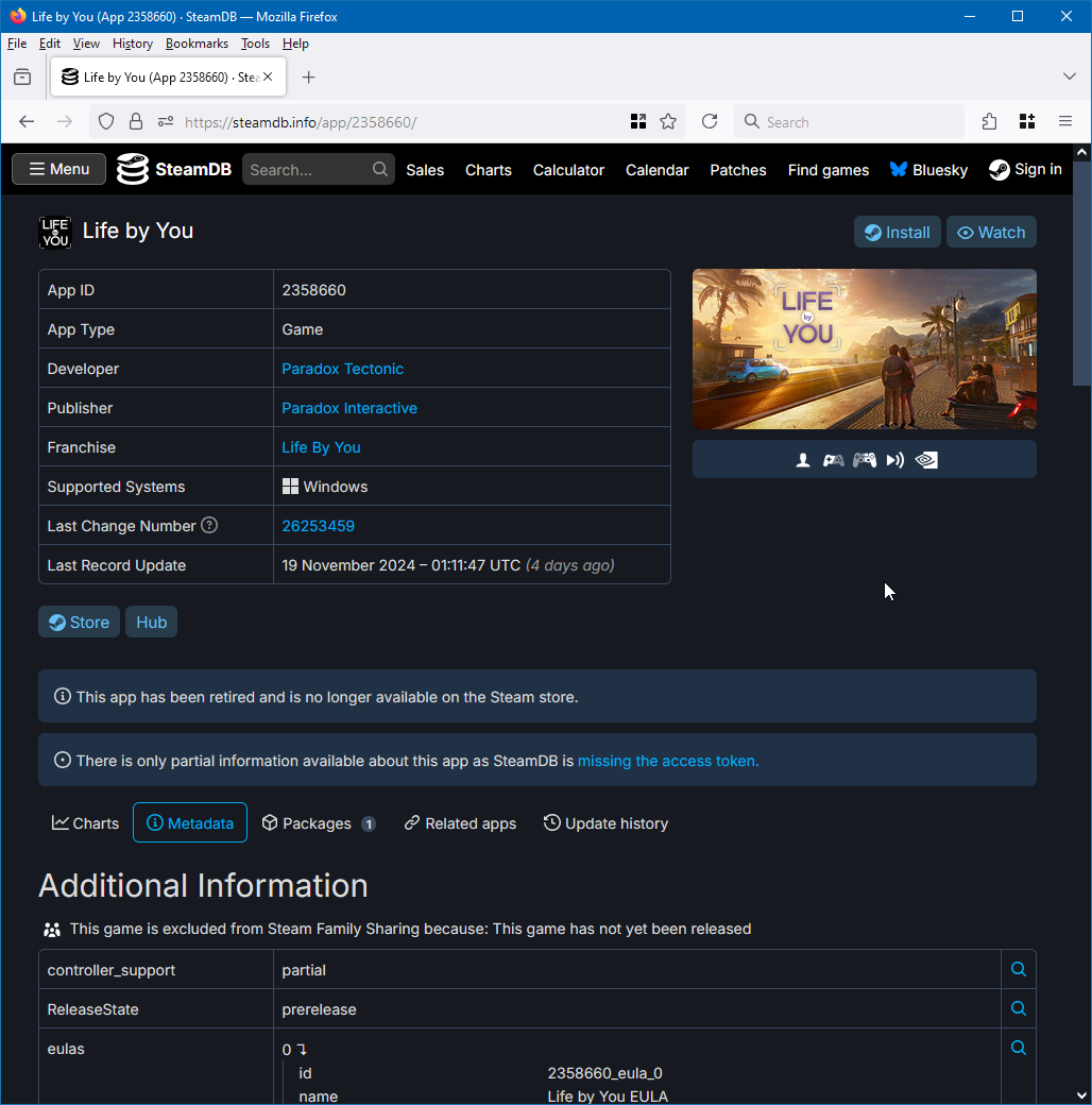 Страница игры «Life by You» в SteamDB.