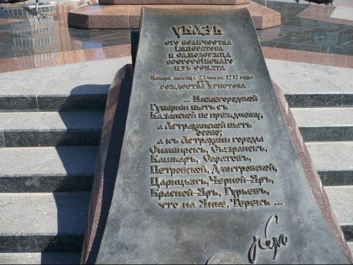 Указ Петра Первого о создании Астраханской губернии от 22 ноября 1717 года. Постамент памятника Петру Великому в Астрахани.