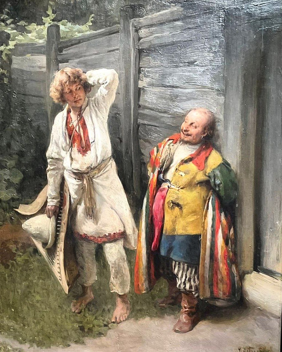 Клавдий Васильевич Лебедев: Приятели (Шут и гусляр), 1908 Дерево, масло Частное собрание, Москва 