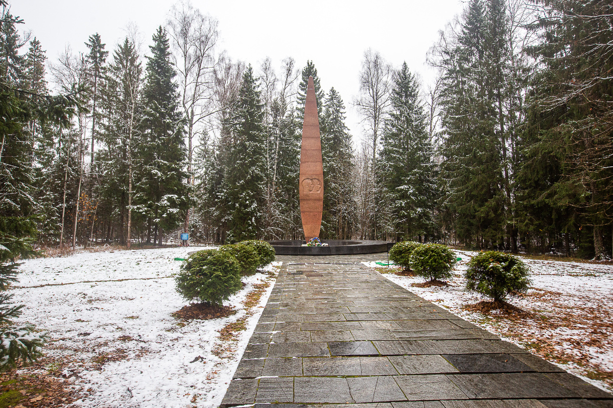 Мемориал на месте гибели Юрия Гагарина и Владимира Серёгина - обелиск в виде крыла самолёта. Окрестности деревни Новосёлово. Киржачский район, Владимирская область. Фото автора статьи 
