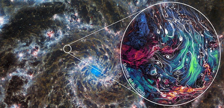 Галактика на заднем плане и симуляция ее турбулентности. Фото: ESA / Webb, NASA & CSA