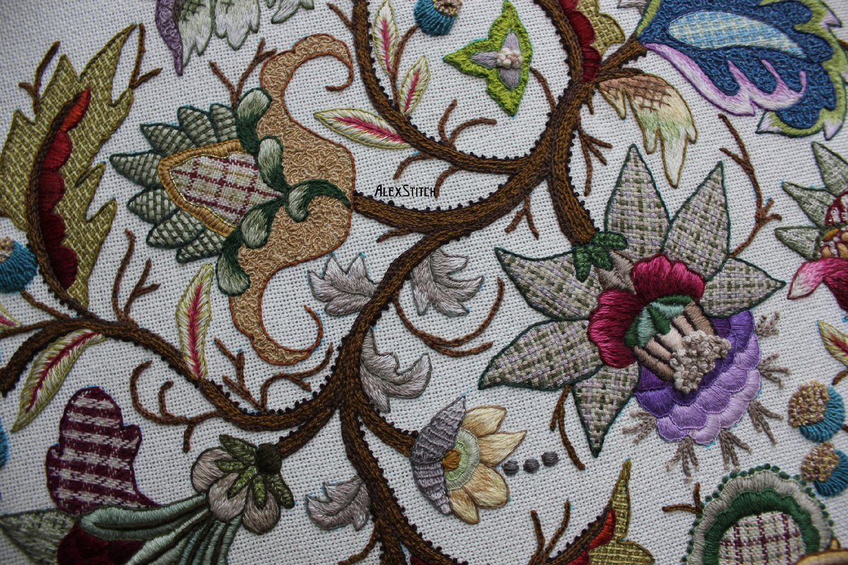 Фрагмент вышивки "Упорство" по книге Х.Бломкамп "Якобинская вышивка: новые приемы и проекты".