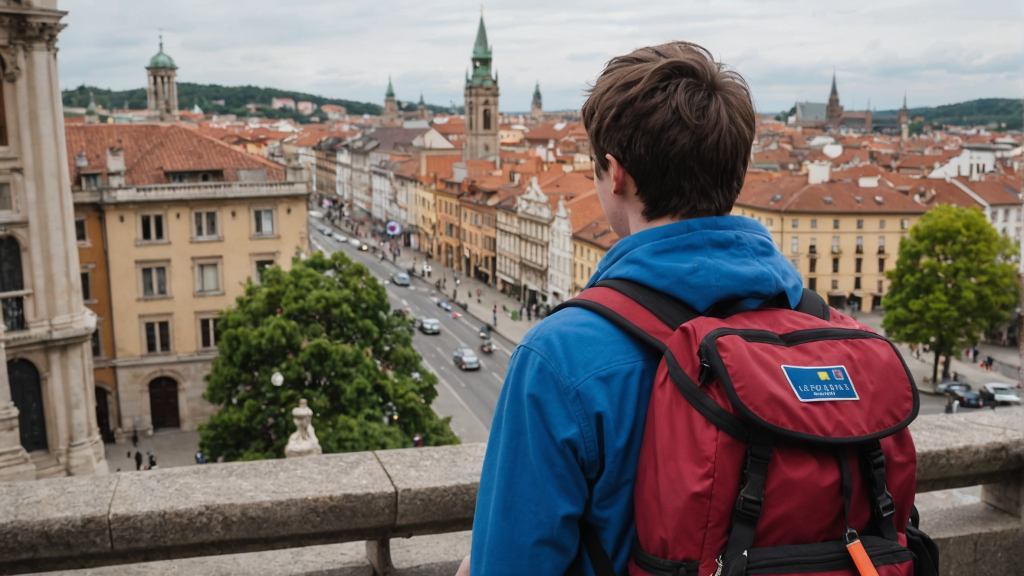 студент смотрит на город в Европе