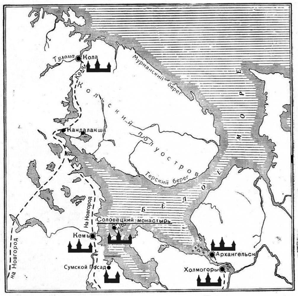 Схема расположения крепостей на Белом море в начале XVII века