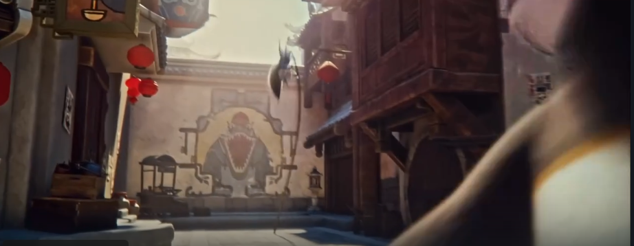 Главные герои (По и его спутница, имя которой невозможно запомнить из-за блеклости персонажа - назовём её Лиса) бегут от преследования. Лиса хватает шест и перепрыгивает через стену ...