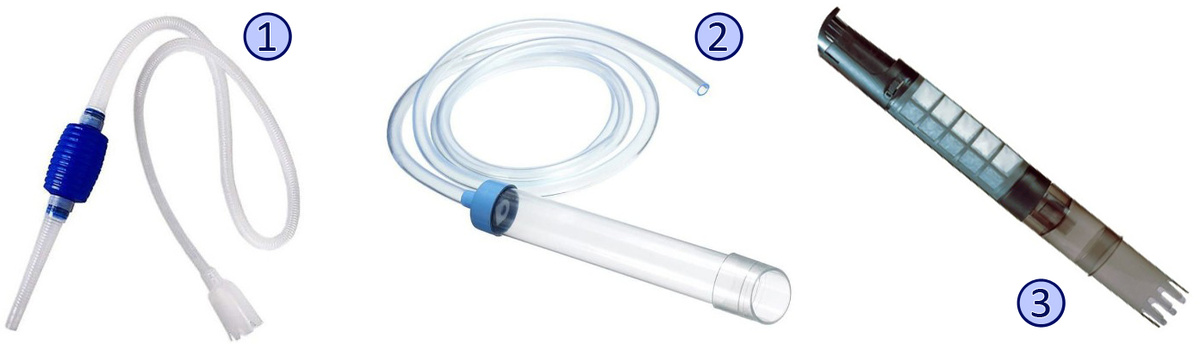 Сифоны: механический с грушей (1), с длинной колбой (2), электрический на батарейках (3)