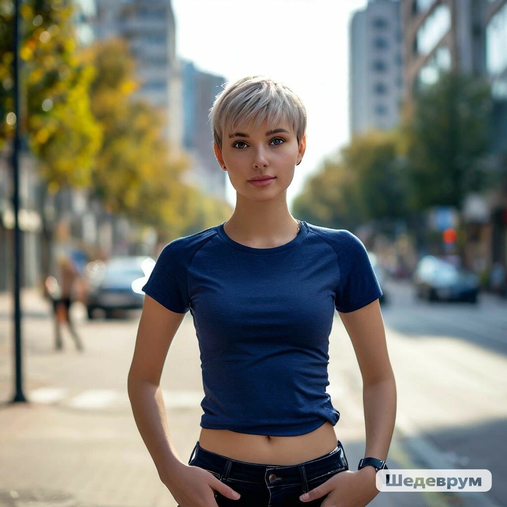 нежная, ласковая пепельноволосая красавица с короткой стрижкой в темно- синей футболке, черных джинсах и беговых кроссовках, на улице, готовится к утренней пробежке, утро в городе, ultra realistic, ultra HD