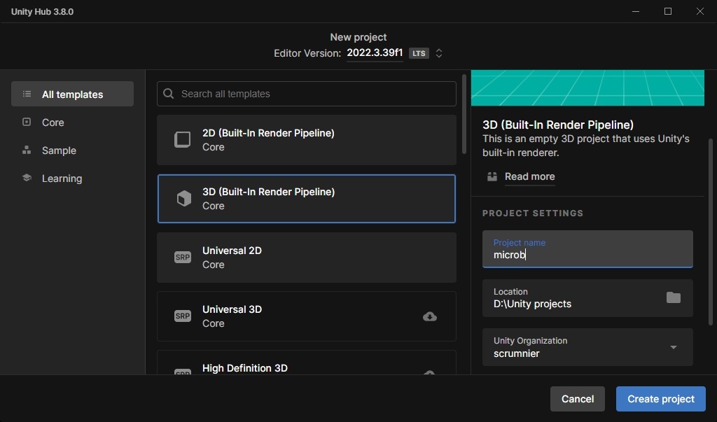 Unity Hub используется для создания проектов и выбора из списка уже созданных