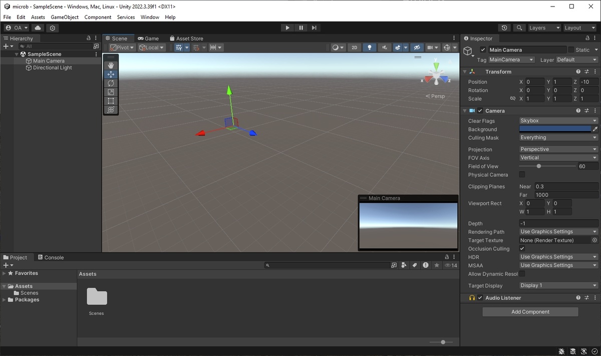 Окно программы Unity с новым проектом по шаблону 3D (Bult-in Render Pipeline)