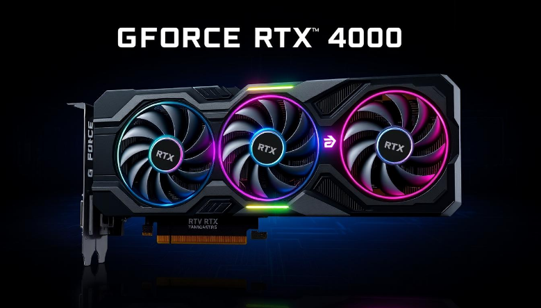 Элегантный и современный дизайн видеокарты с GeForce RTX 4090, демонстрирующий сложную систему охлаждения, яркую светодиодную подсветку и высокотехнологичную металлическую отделку. На темном футуристическом фоне с тонкими цифровыми элементами, подчеркивающими мощь и производительность графического процессора.
