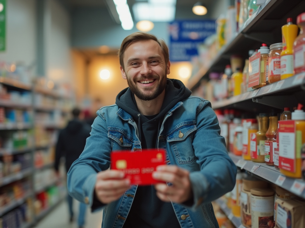 Довольный мужчина с картой в супермаркете