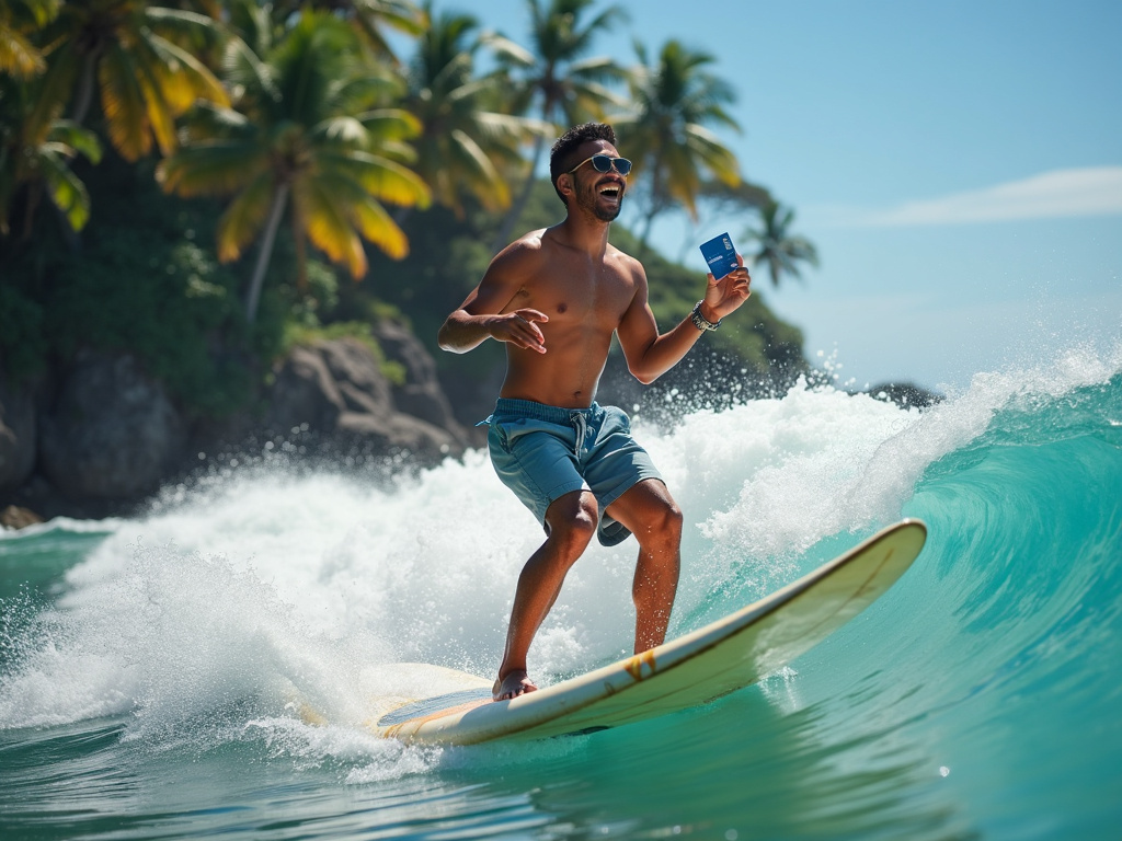 Счастливый турист на Бали с банковским счётом