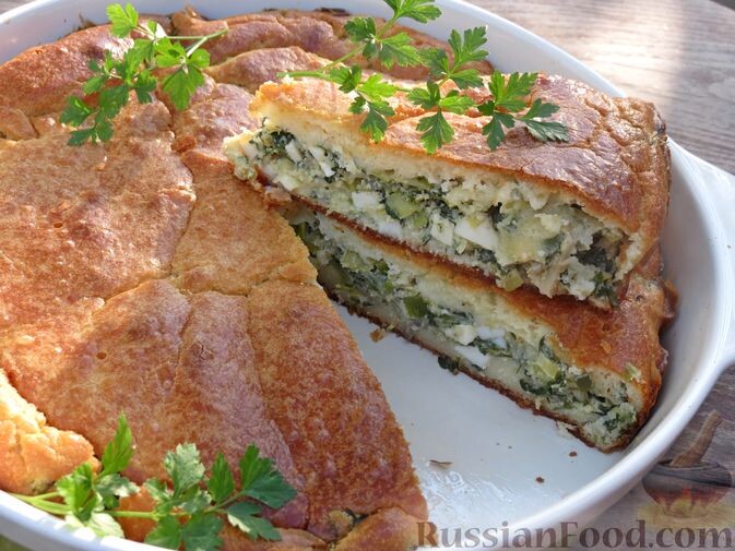 кефир, масло сливочное, яйца, мука, разрыхлитель, сахар, соль, лук зелёный, лук-порей, лук репчатый, шампиньоны, зелень петрушки, зелень укропа, базилик, перец чёрный молотый