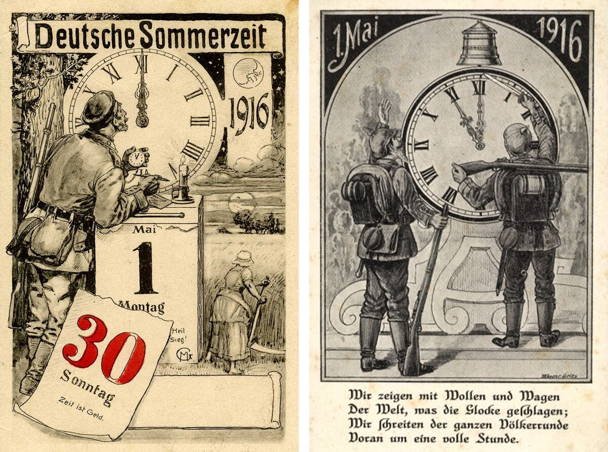 Германские почтовые открытки, пропагандировавшие переход на летнее время с 30 апреля на 1 мая 1916 года. Источник: De.wikipedia.org и Akpool.de.