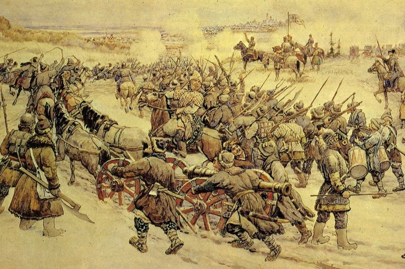 Э. Лисснер. Начало боя армии Болотникова с царскими войсками у Нижних Котлов под Москвой.